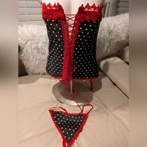 Frederick’s of Hollywood Black Corset White Polka Dots Red Lace Bustier Sz 36